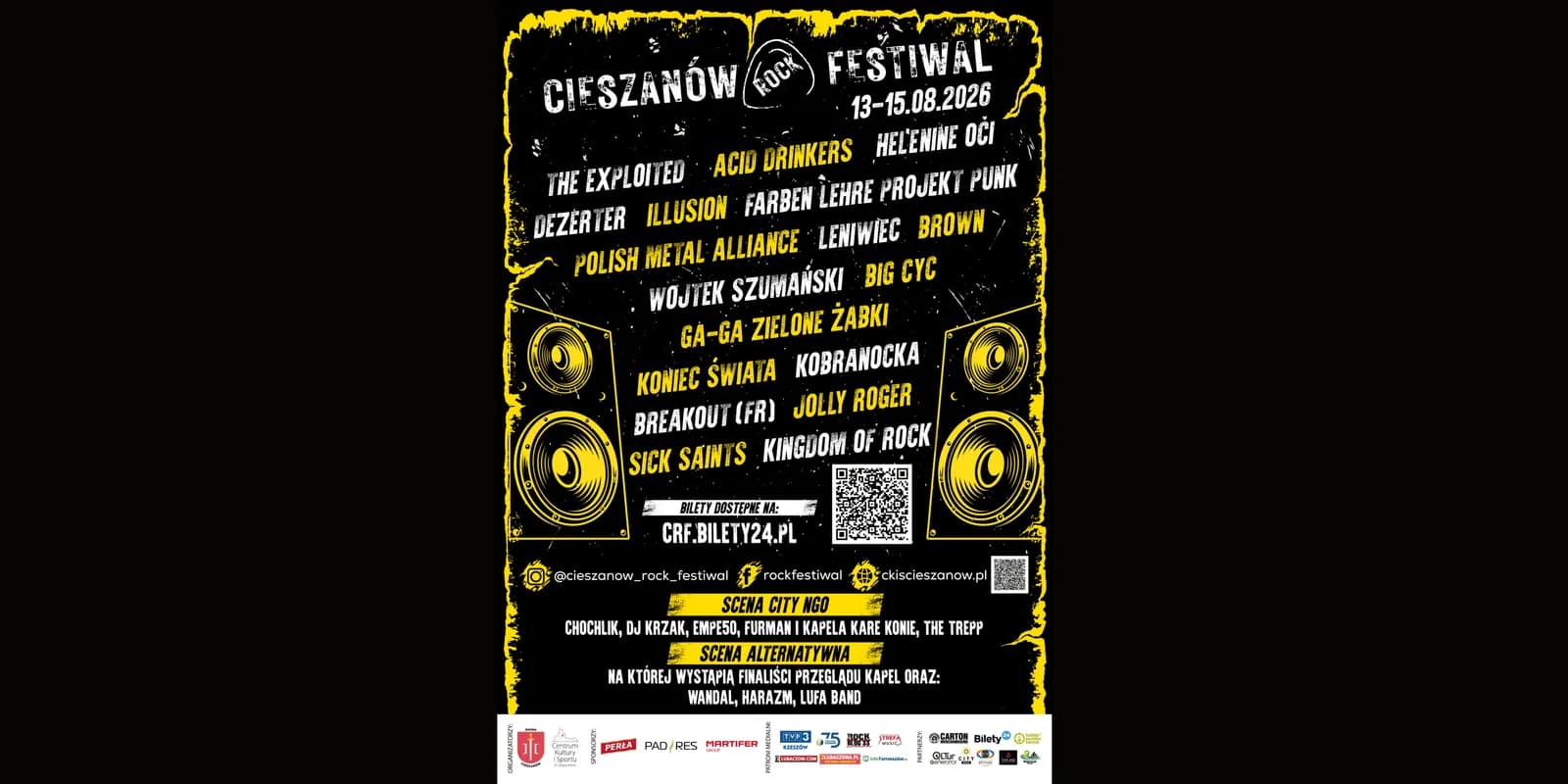 A black and yellow poster for the Cieszanow Rock Festival 2026, featuring band names, dates, and ticket information.