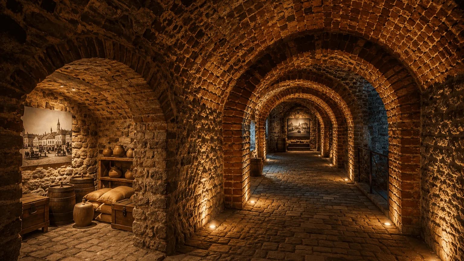 A long, dimly lit brick tunnel with arched ceilings, displaying historical town scenes on panels along the walls.